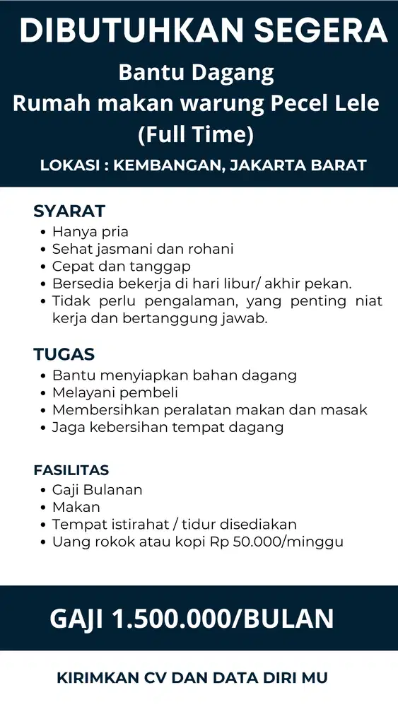 DIBUTUHKAN SEGERA – BANTU DAGANG RUMAH MAKAN (FULL TIME)