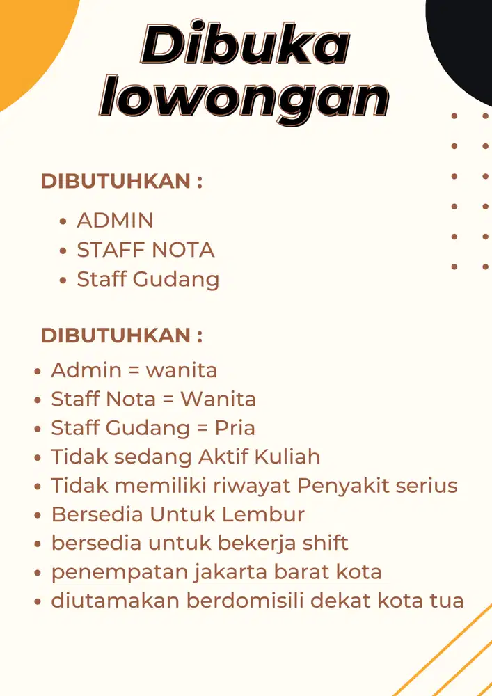DIBUKA LOWONGAN ADMIN,STAFF GUDANG,STAFF NOTA