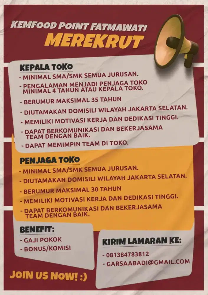 LOWONGAN PEKERJAAN KEPALA TOKO DAN PENJAGA TOKO