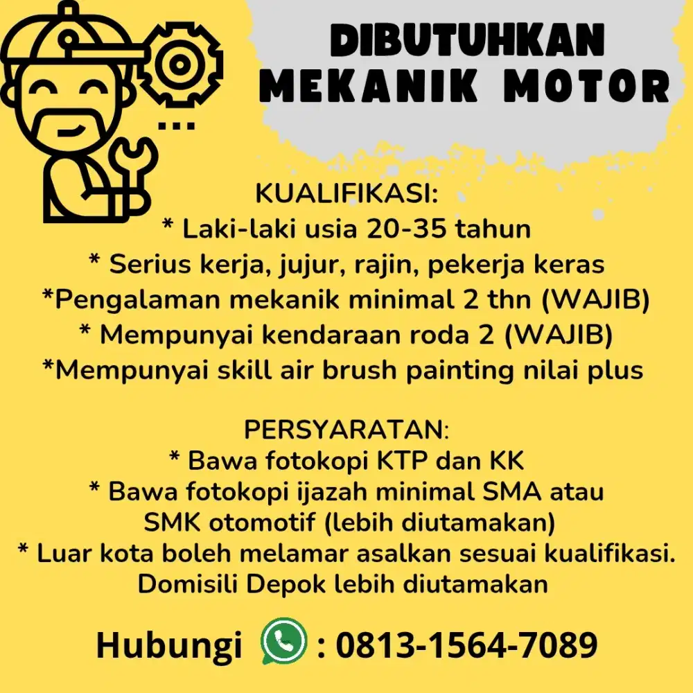 Dicari Mekanik Motor Berpengalaman