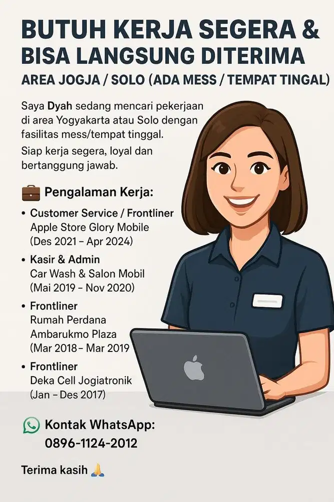 BUTUH KERJA YANG BISA LANGSUNG DITERIMA AREA JOGJA / SOLO (ADA MESS)