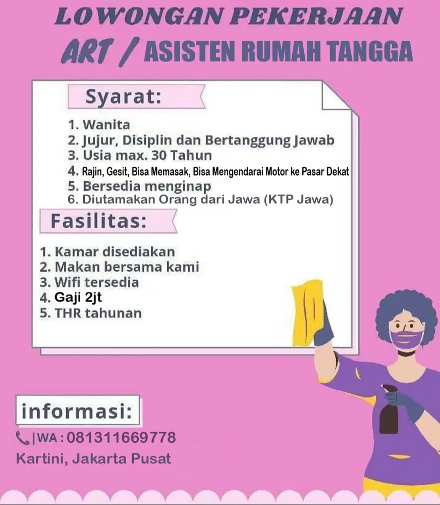 DICARI ART khusus Menginap, Rajin, Bisa Memasak