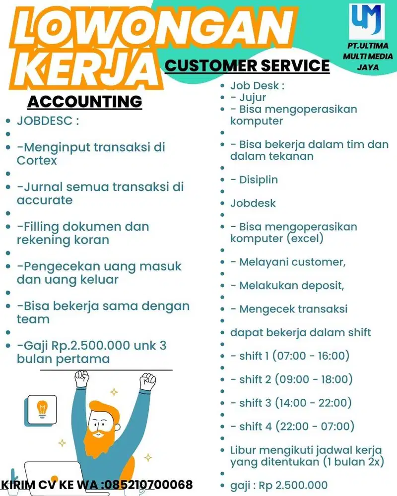 Lowongan pekerjaan Accounting dan Customer Service