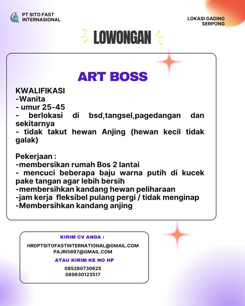 lowongan kerja ART office girl bsd gading serpong