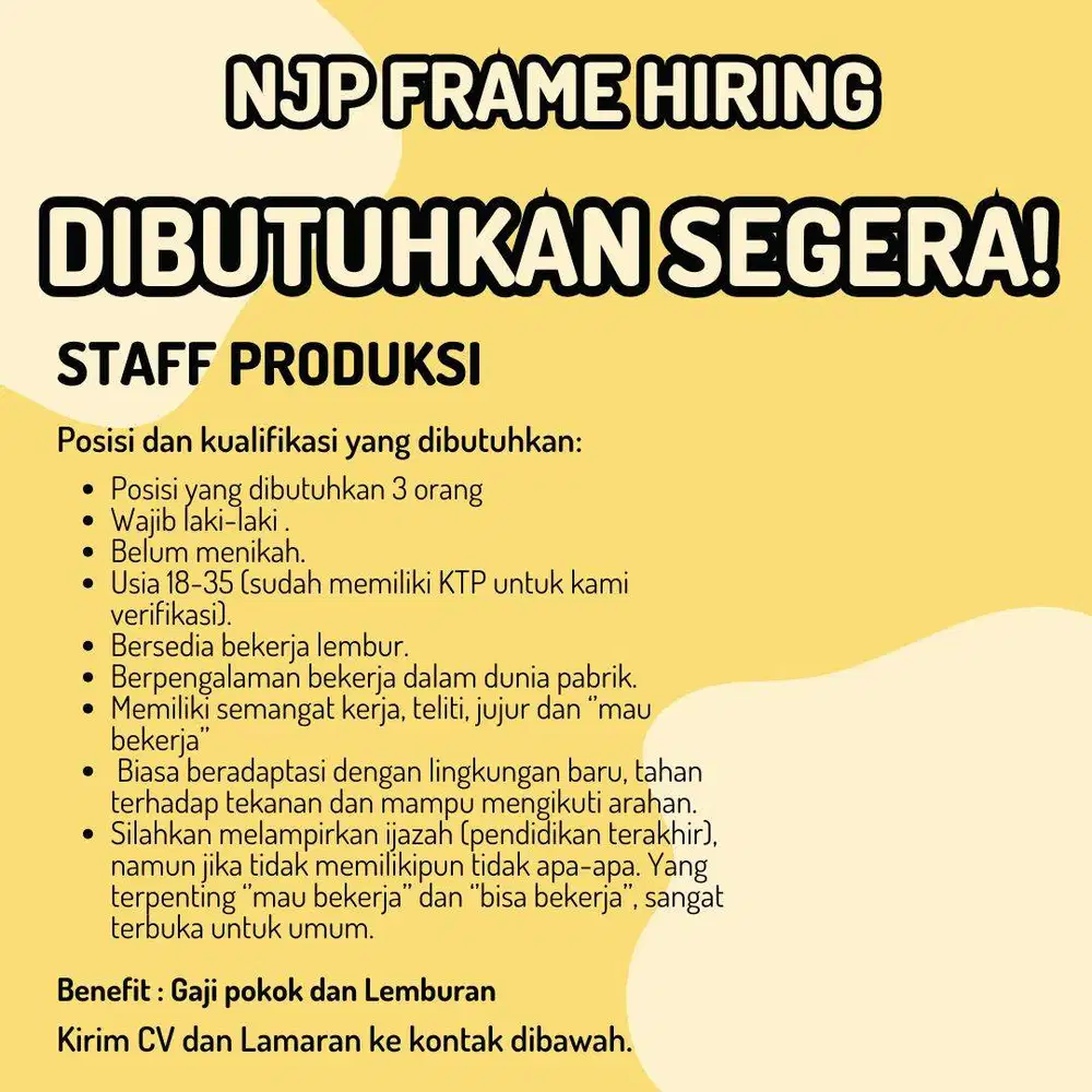 DIBUTUHKAN SEGERA STAFF PRODUKSI (3 ORANG)