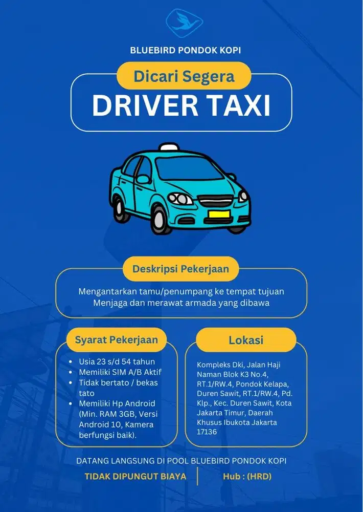 Lowongan Driver Blue Bird Pool Pondok Kopi