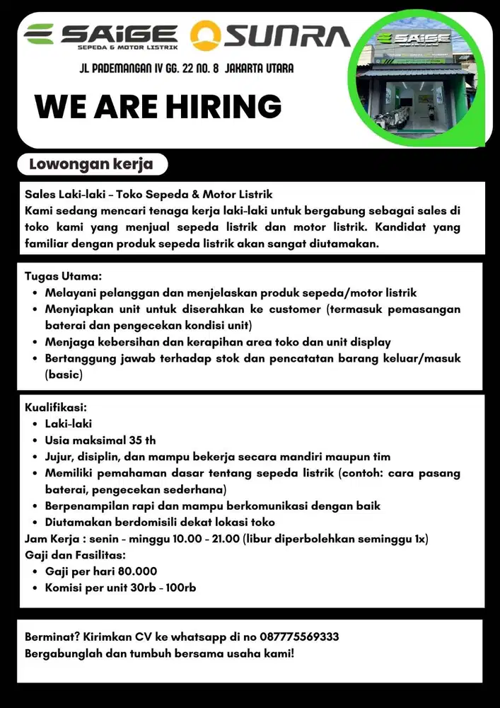 LOKER TOKO SEPEDA LISTRIK DI PADEMANGAN