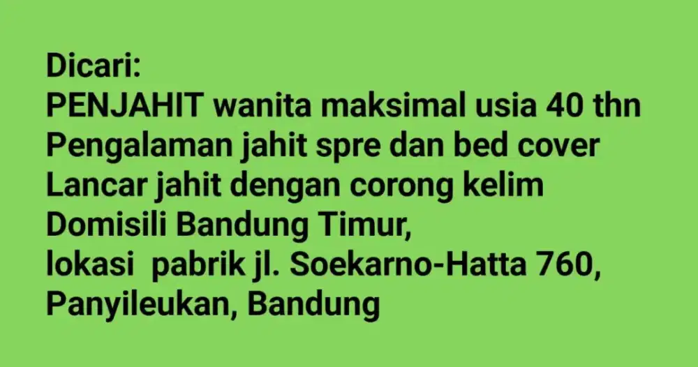Lowongan PENJAHIT SPREI