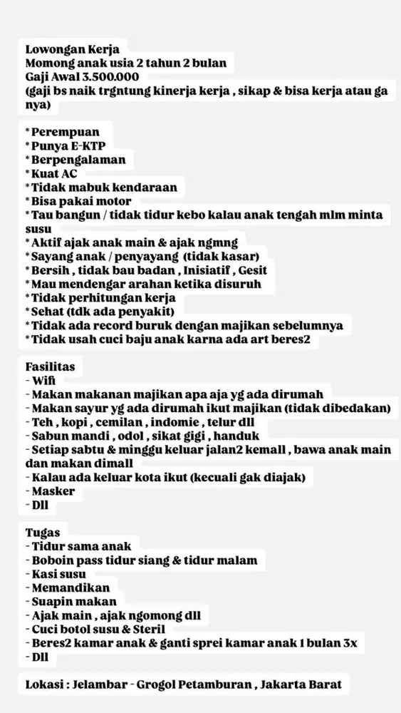 Lowongan Kerja Momong Anak Cewek 2tahun 2bulan Gaji 3.5jt pengalaman