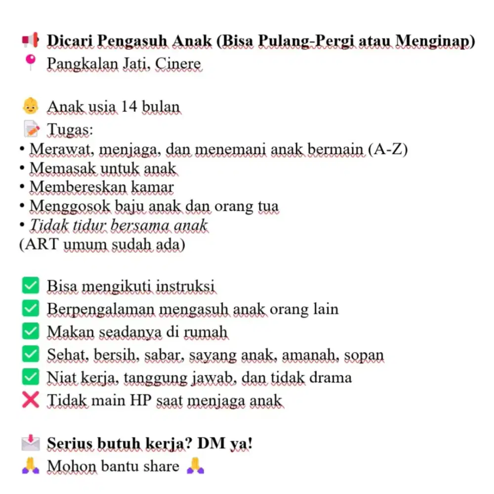 Lowongan Pengasuh Anak (PP / Menginap)
