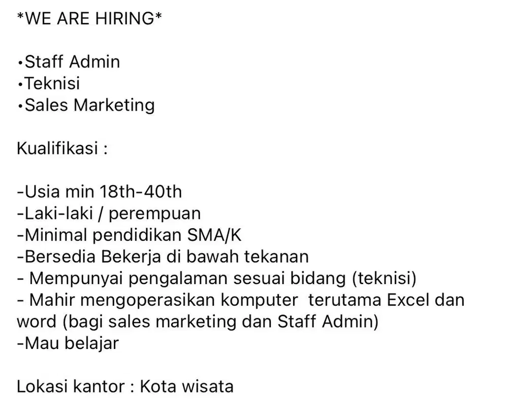 Staff Administrasi, sales & teknisi
