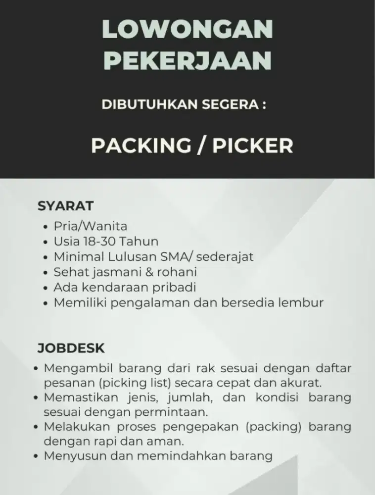 Lowongan Packing/Picker