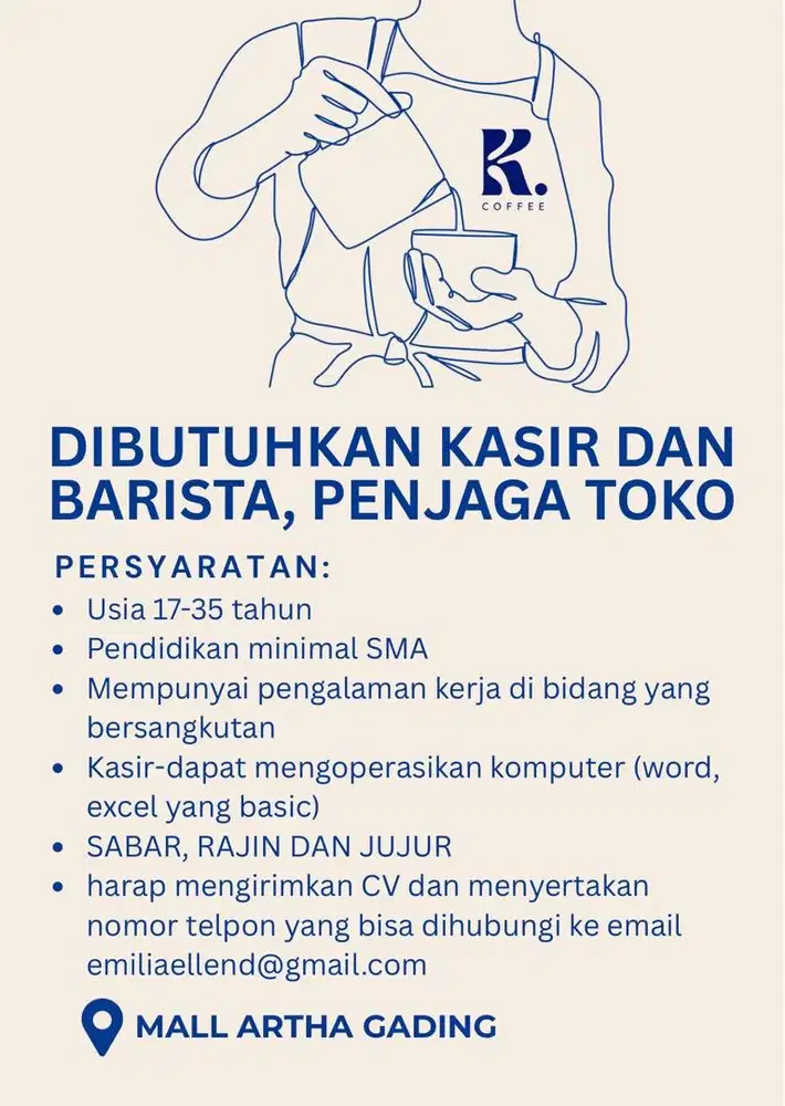 DIBUTUHKAN KASIR, BARISTA, PENJAGA TOKO