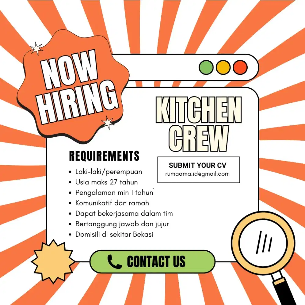 Lowongan Kerja Kitchen Crew, dan Barista Bekasi