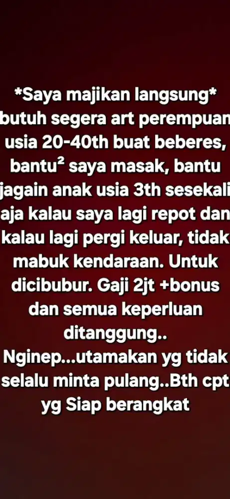 Dibutuhkan Asisten Rumah Tangga (ART)