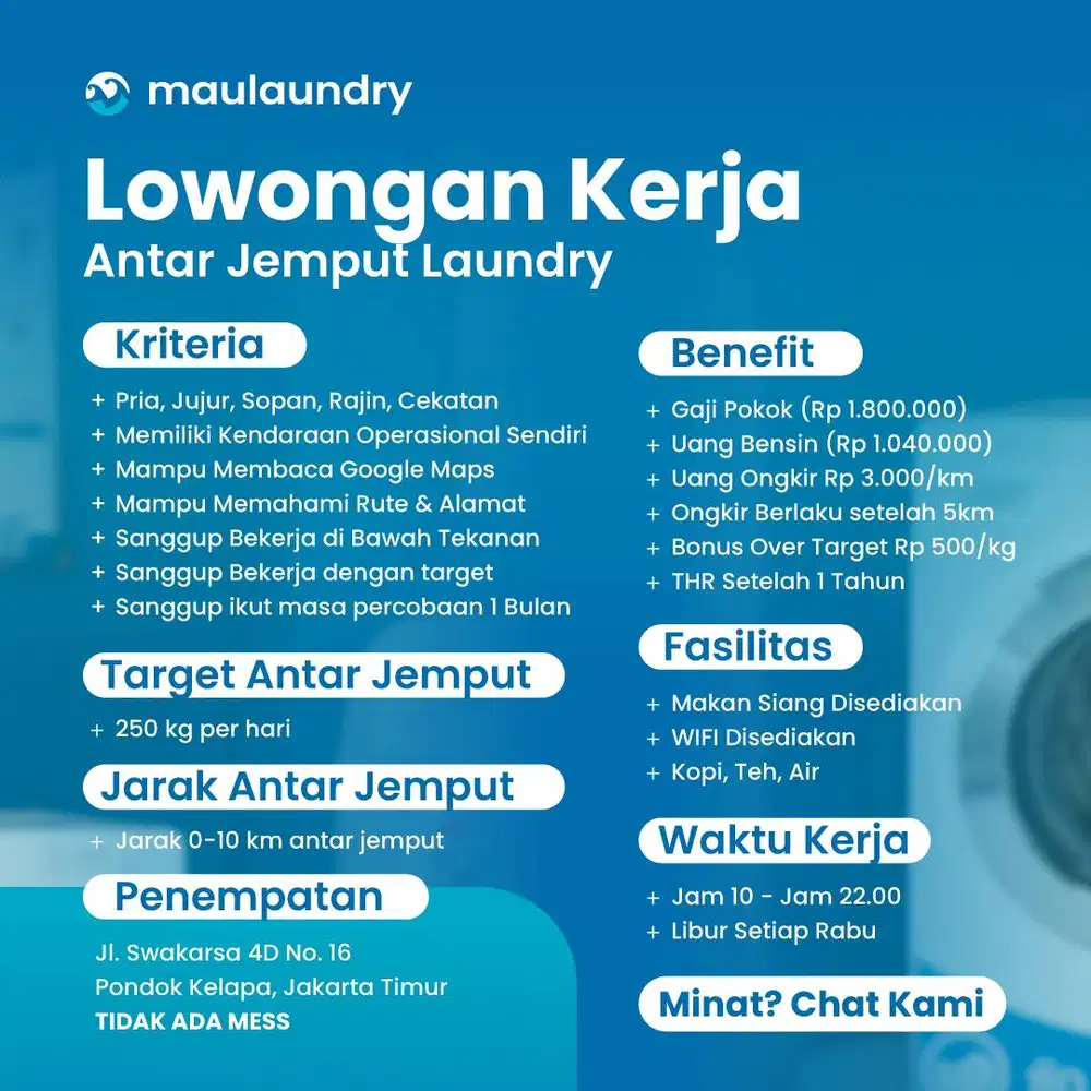 Lowongan Kerja (Loker) Laundry - Setrika Uap & Kurir - Pondok Kelapa