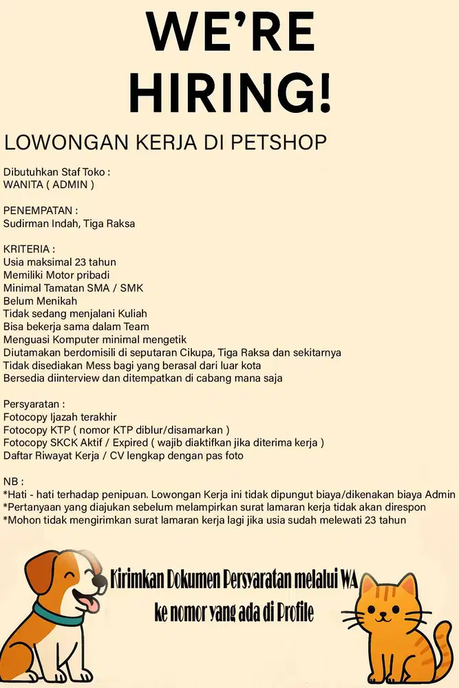 LOWONGAN KERJA DI PETSHOP
