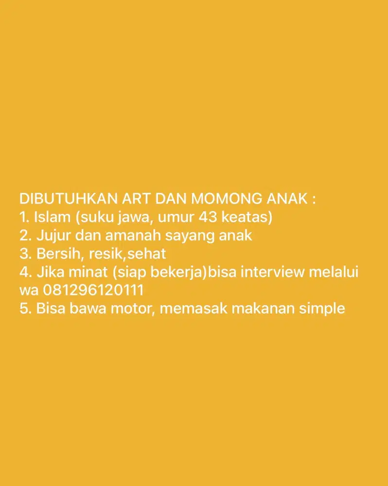 DIBUTUHKAN ART DAN MOMONG ANAK