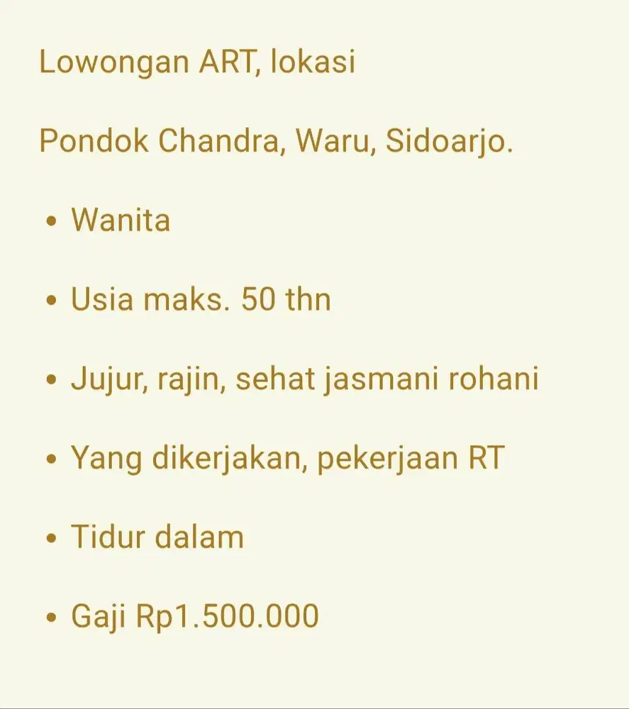 Dibutuhkan ART wanita