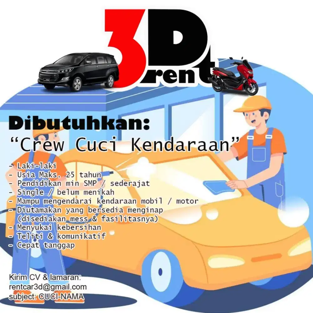 DICARI YANG NIAT SERIUS BEKERJA CUCI MOBIL & MOTOR