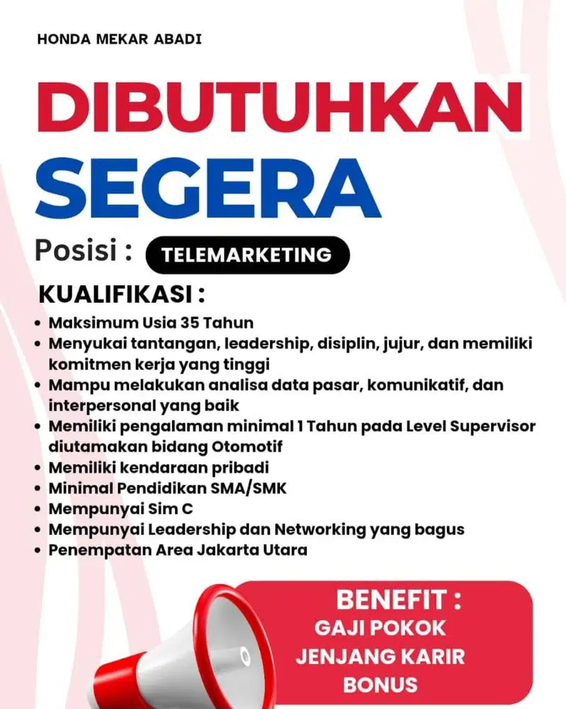 DIBUTUHKAN SEGERA TELEMARKETING