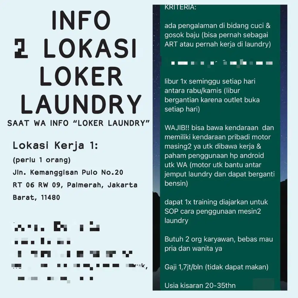 Lowongan kerja Laundry Kiloan Palmerah Jakarta Barat