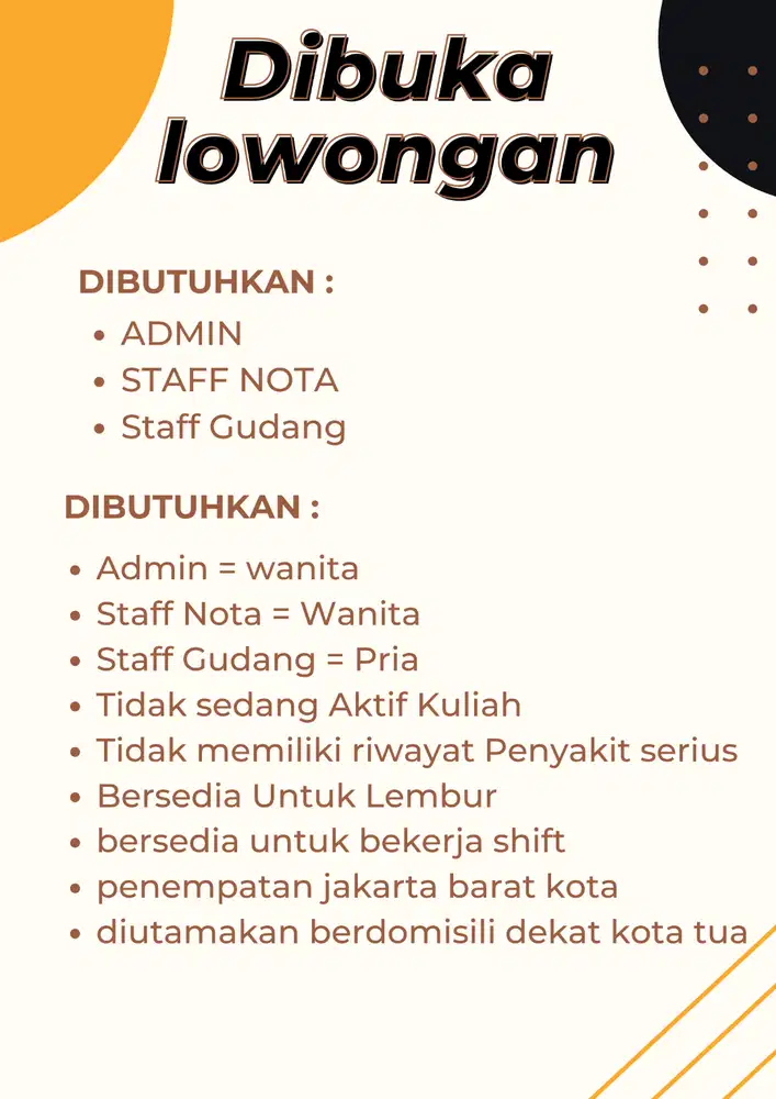 DIBUKA LOWONGAN ADMIN,STAFF NOTA,STAFF GUDANG