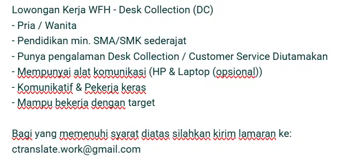 LOWONGAN KERJA WFH - DESK COLLECTION (DC)