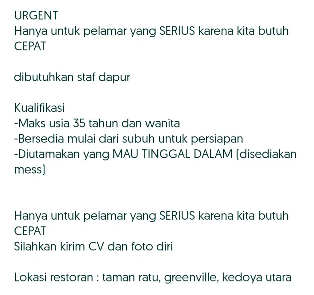 Staff Dapur (Termasuk Cuci Piring)