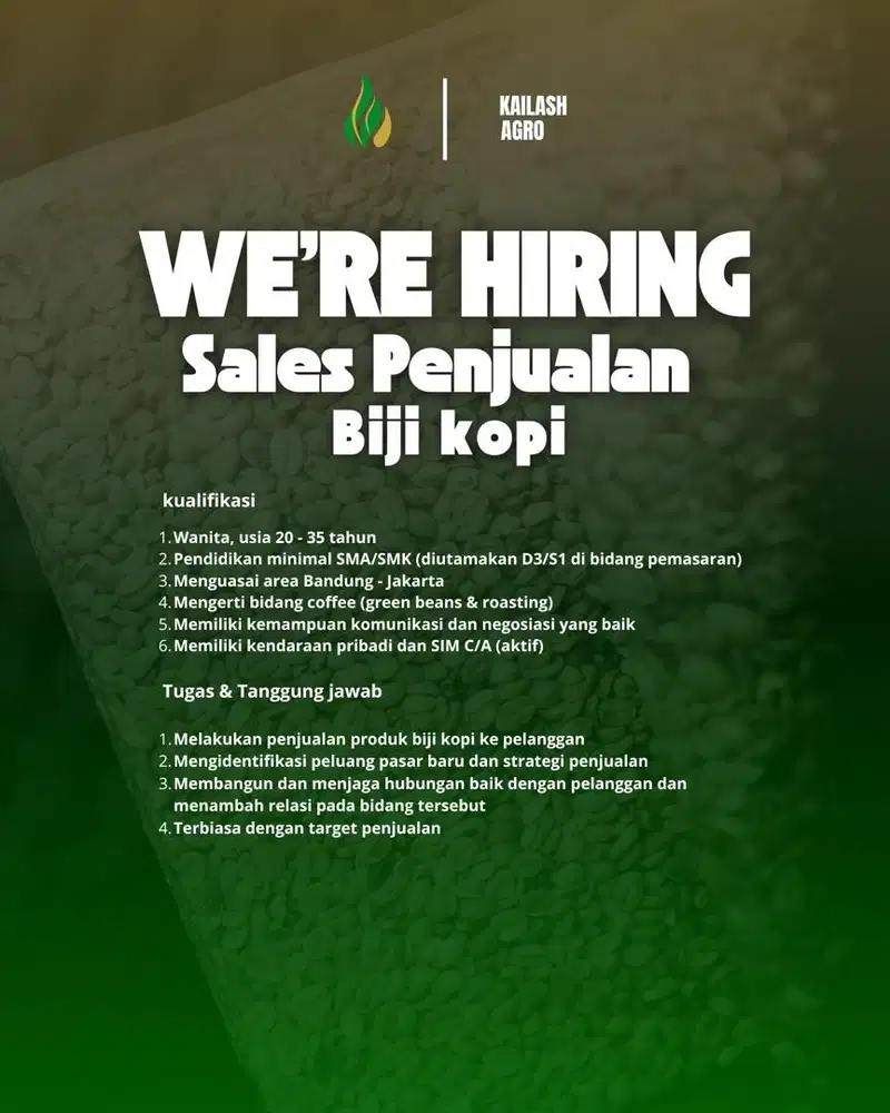 Loker Sales Kopi khusus wanita! Punya SIM & Jago Nego? Langsung Lamar!