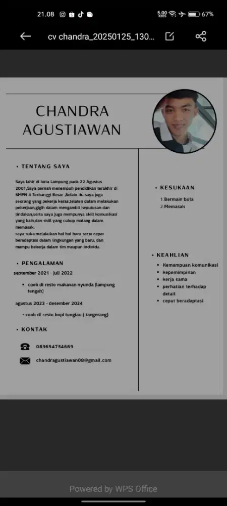 inpo loker bagian cock helper atau cocking,pengalaman f&b