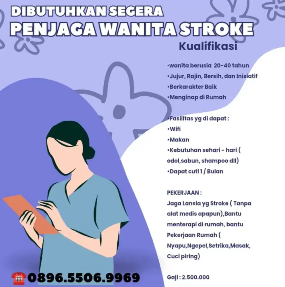 URGENT Di butuhkn Wanita u/ menjaga lansia stroke + Bantu Rumah Tangga
