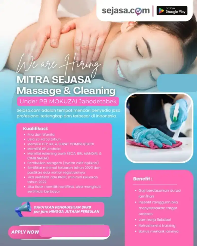 Lowongan kerja Cleaning dan Massage daerah BOGOR DAN DEPOK