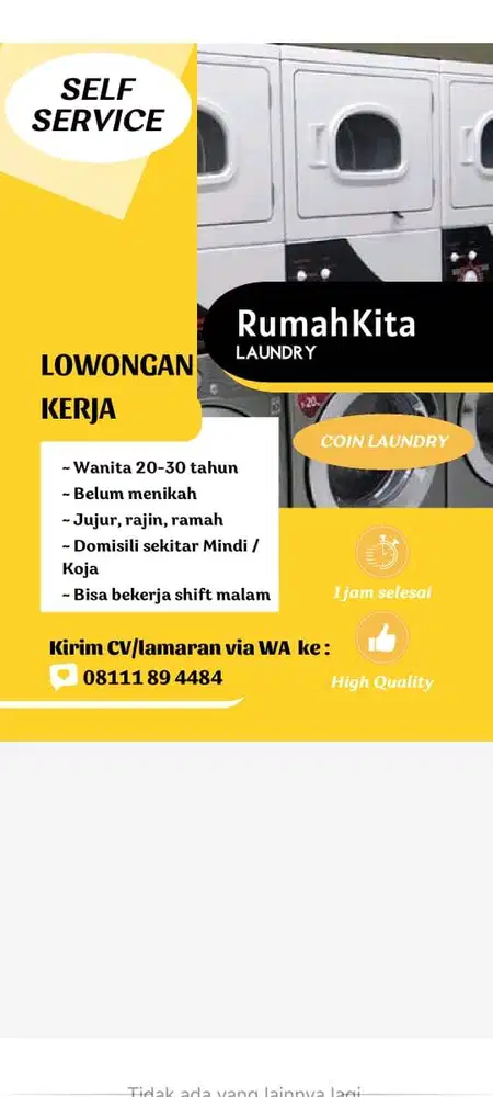 Dibutuhkan karyawan laundry koin