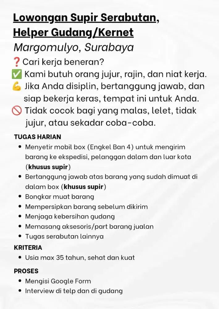 LOKER SUPIR SERABUTAN SURABAYA