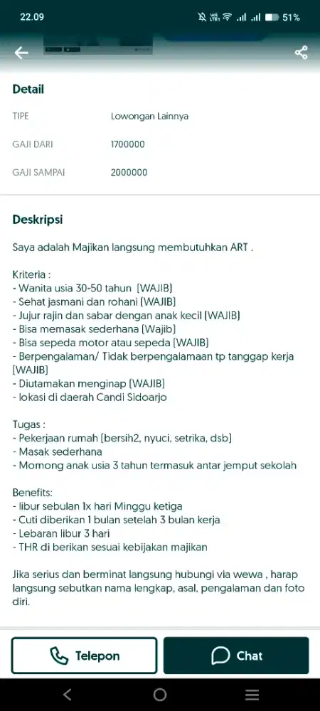 Dibutuhkan art+momong anak 3th