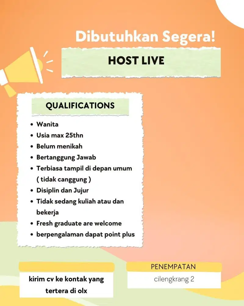Dibutuhkan host live streaming wanita