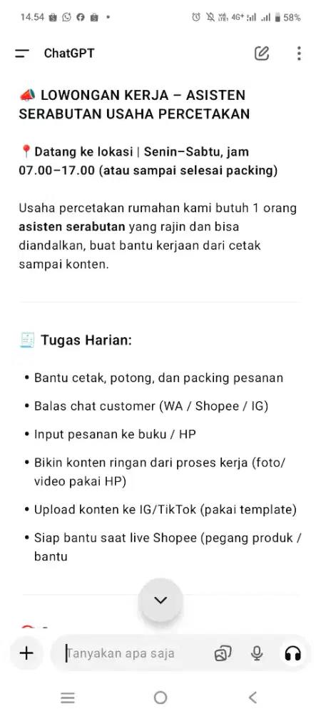LOWONGAN KERJA – ASISTEN SERABUTAN USAHA PERCETAKAN