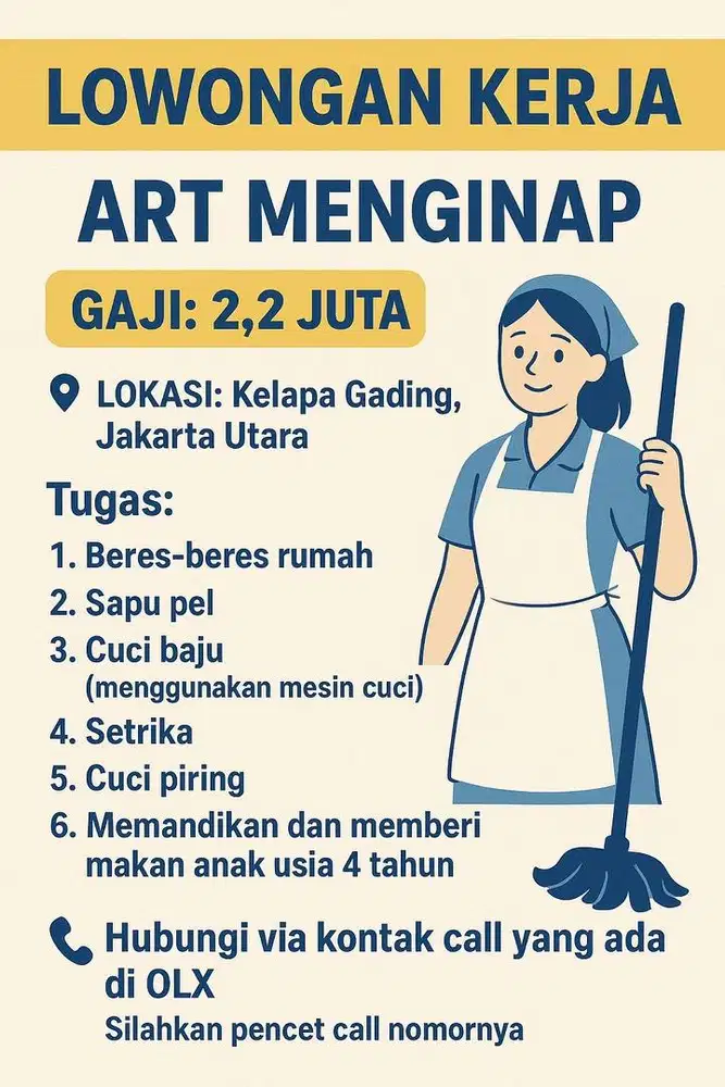 Lowongan Pembantu ART asisten rumah tangga PRT kelapa gading