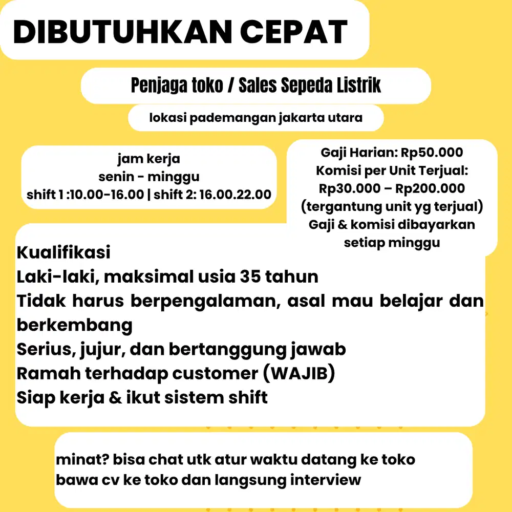 LOKER SALES TOKO SEPEDA DAN MOTOR LISTRIK DI PADEMANGAN JAKARTA UTARA