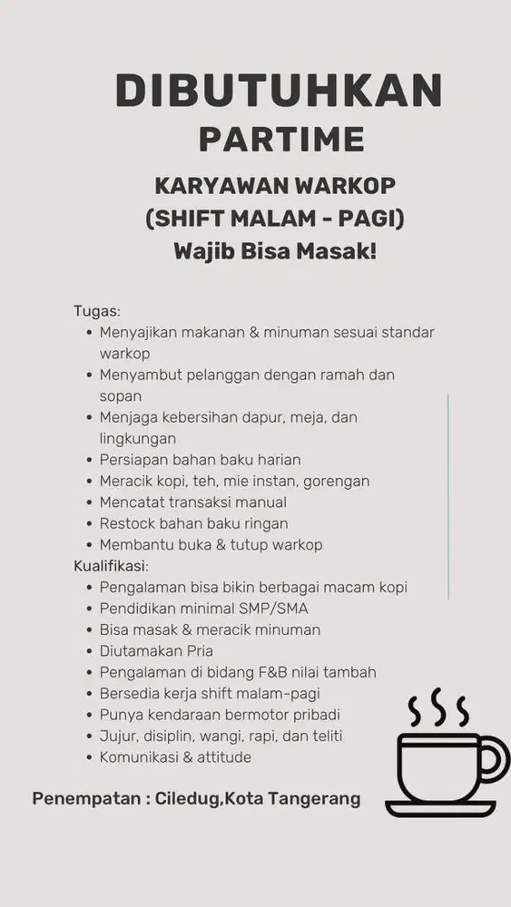 Dibutuhkan Karyawan Partime Cewek