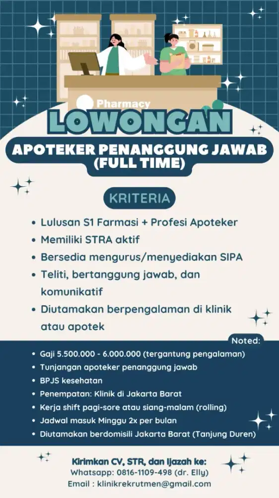 DIBUTUHKAN APOTEKER, NURSE, KASIR, CUSTOMER SERVICE