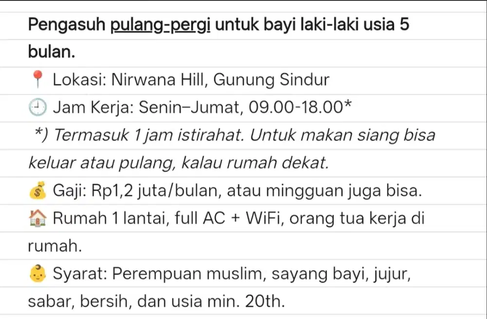 Dibutuhkan Segera Pengasuh Bayi Baby Sitter Lokasi Perum Nirwana Hill