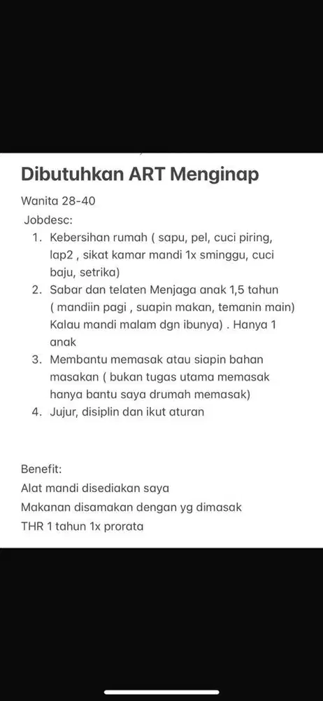 Lowongan ART Beberes & Momong
