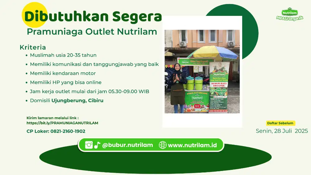 Di Butuhkan Pramuniaga Untuk jaga Stand Harian di Bubur Bayi Nutrilam
