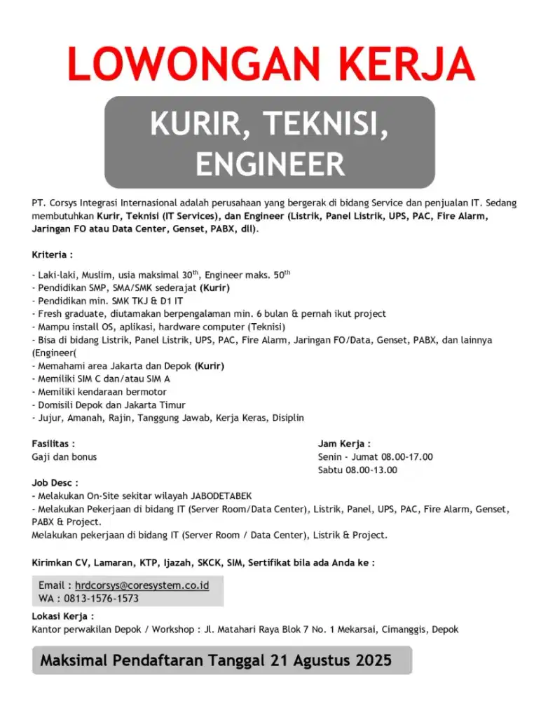 LOWONGAN KERJA KURIR, TEKNISI, ENGINEER LISTRIK