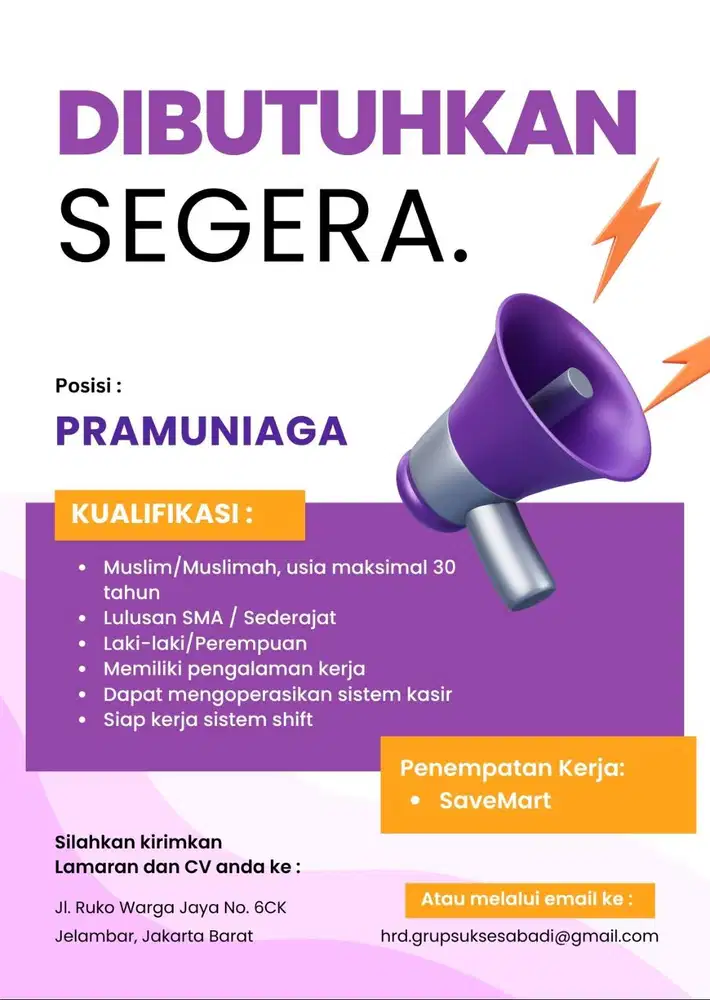 Dibutuhkan Segera! Lowongan Kerja Pramuniaga!!