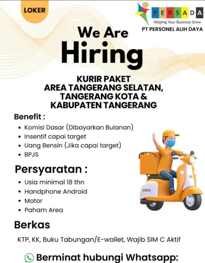 Lowongan kerja kurir motor/driver paket