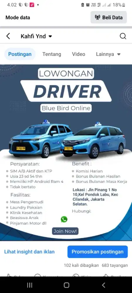 Dibutuhkan Driver mitra Bluebird