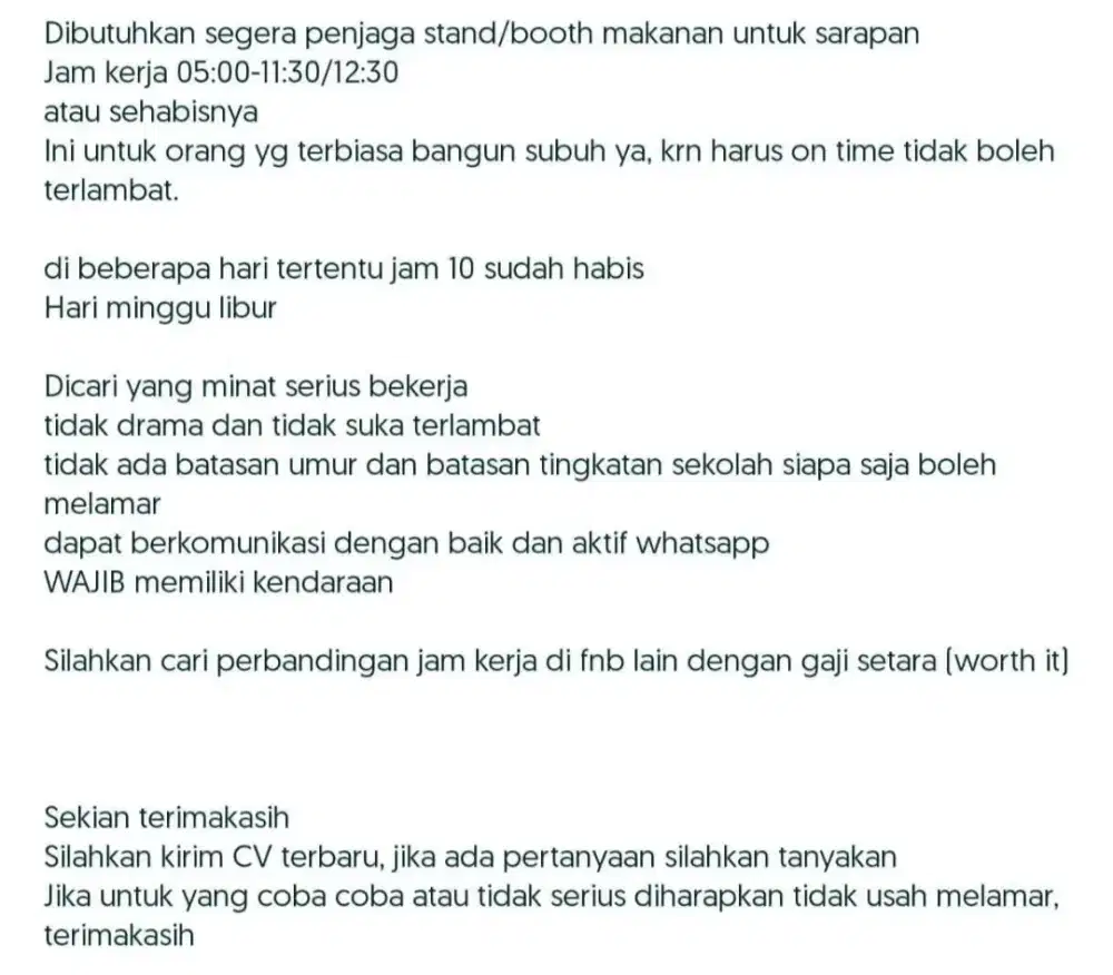 lowongan kerja jaga booth sarapan pagi